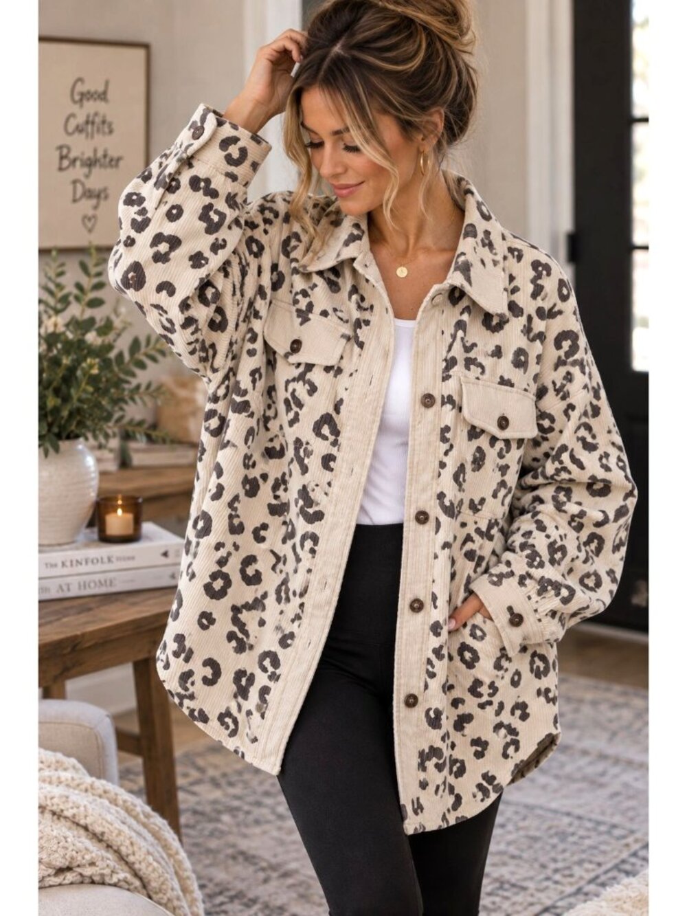 Bibi Oversized Leopard Corduroy Button-up Boyfriend Jacket Retro Vintage Shacket